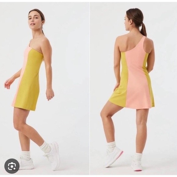 Outdoor Voices One Shoulder Dress Medium Nectarine Dijon Colorblock NWT - Picture 1 of 9